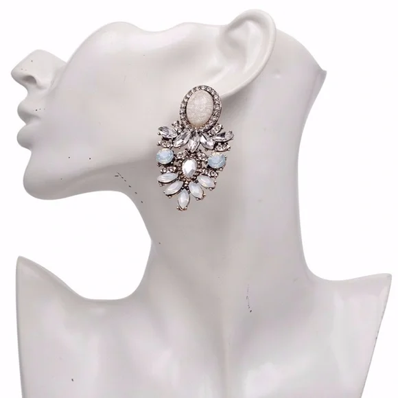 Retro Beige Crystal Statement Earrings - Picture 3 of 4